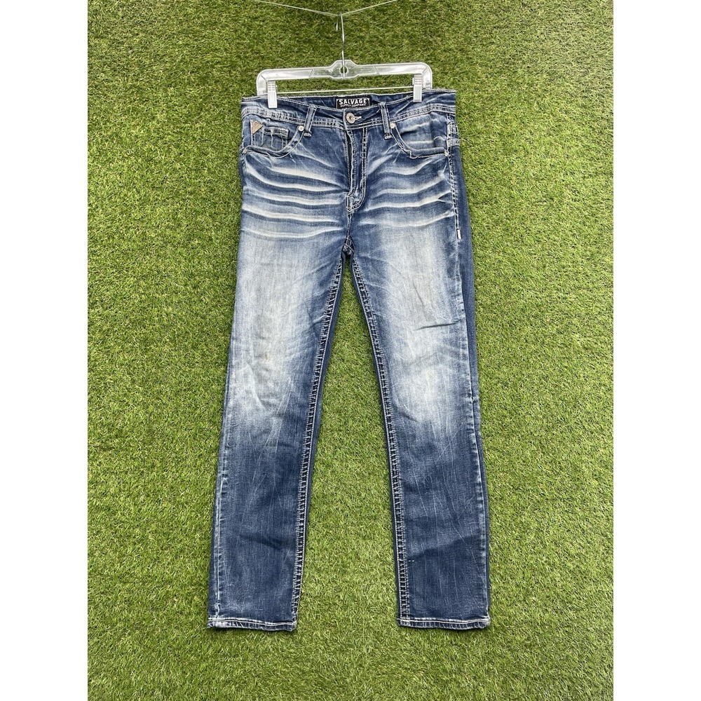 Salvage Jeans Mens 34R Havoc Straight Slim Fit Blue Dark Wash Denim y2k Buckle